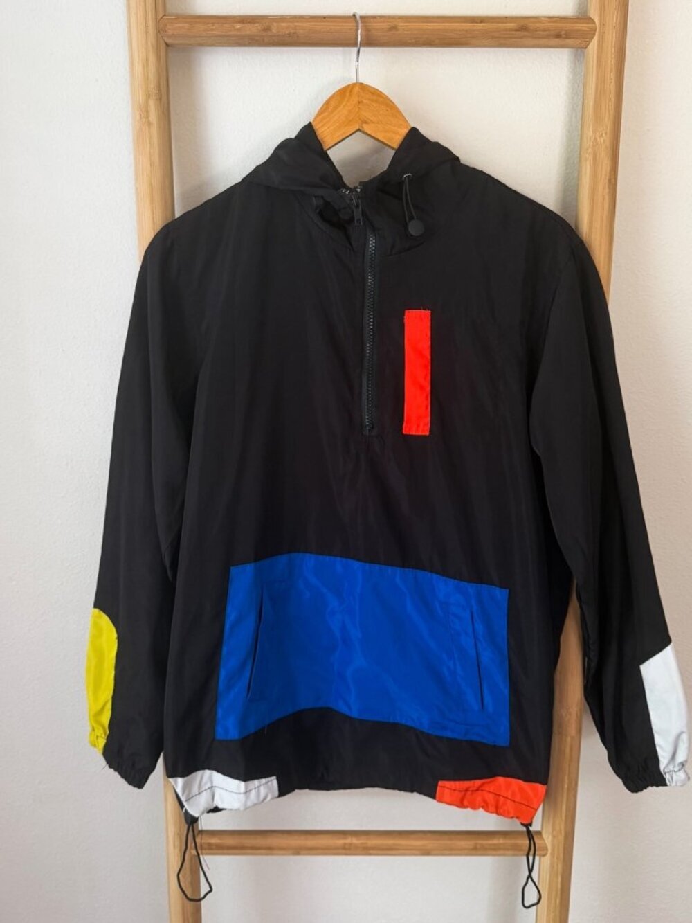 Colorblock Windbreaker Jacket Hooded Pullover Black Blue Red Men’s Size Medium